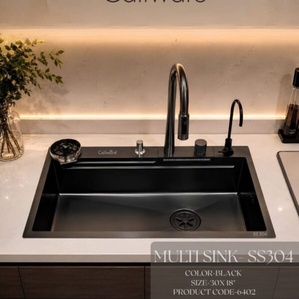 Premium Caliware waterfall kitchen sink with pull-out faucet.