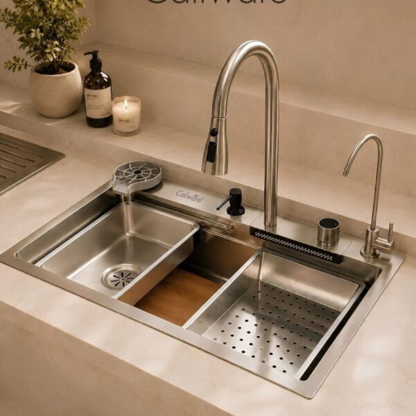 Premium Caliware waterfall kitchen sink with pull-out faucet.