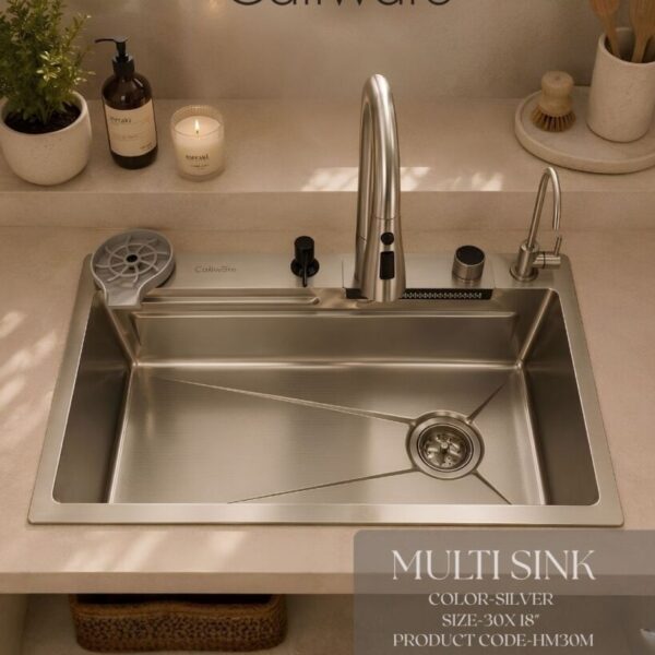 Premium Caliware matte finish waterfall kitchen sink with multifunction workstation design.