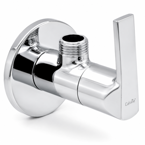 Caliware premium chrome-plated angle cock wall tap with a sleek cylindrical brass body, modern flat lever handle, threaded top outlet for shower or health faucet connection, and round wall flange, displayed on a clean white background.