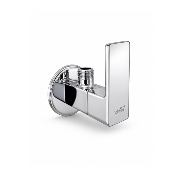 A polished chrome bathroom angle cock featuring a cylindrical brass body, sleek flat lever handle, top threaded outlet, and round wall flange for controlling water flow to showers or health faucets.