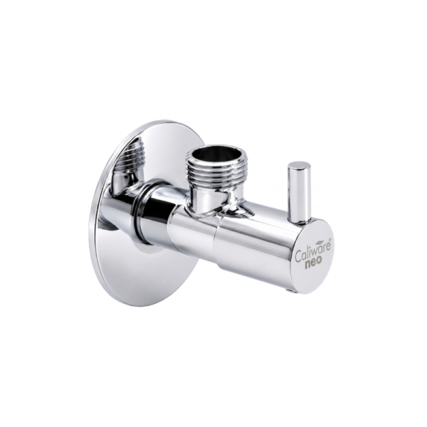 A chrome-finished wall-mounted angle cock with a cylindrical body, flat lever handle, top threaded outlet, and round wall flange, designed to control water flow to showers and health faucets.