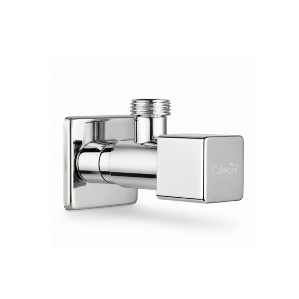 Caliware SOLID fully brass square angle cock featuring a premium chrome finish, quarter-turn lever handle, square wall-mounted design, corrosion-resistant construction, and threaded outlet for contemporary bathrooms.