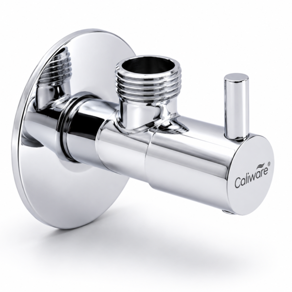 Caliware TURBO fully brass premium angle cock with a corrosion-resistant chrome finish, modern wall-mounted design, quarter-turn lever handle, and threaded outlet for contemporary bathrooms.