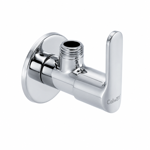 Caliware DOCO fully brass angle cock with a premium chrome finish, corrosion-resistant construction, quarter-turn lever handle, wall-mounted design, and threaded outlet for contemporary bathrooms.