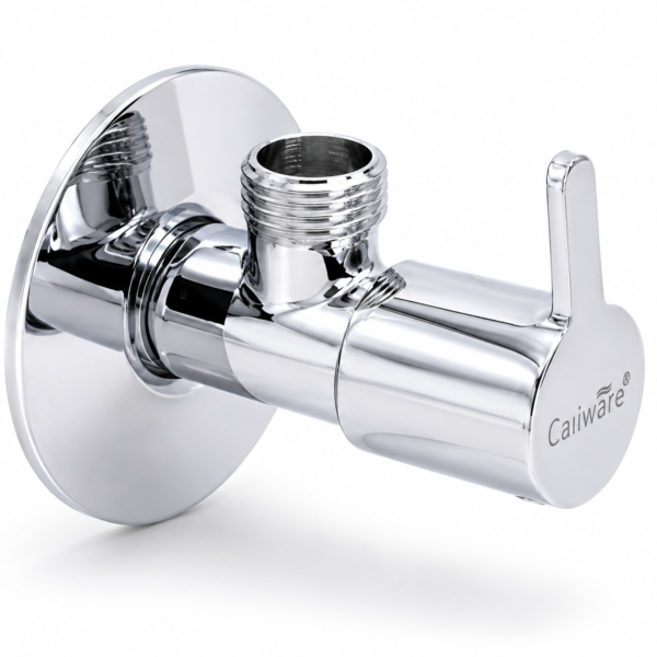 Caliware ROSA fully brass angle cock featuring a premium chrome finish, corrosion-resistant construction, quarter-turn lever handle, wall-mounted design, and threaded outlet for modern bathrooms.