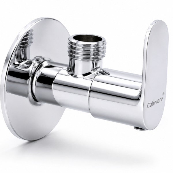 Caliware MARVEL fully brass angle cock with a premium chrome finish, corrosion-resistant construction, quarter-turn lever handle, wall-mounted design, and threaded outlet for modern bathrooms.